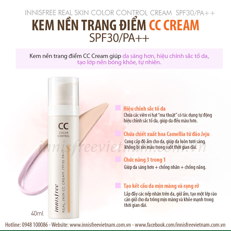 CC cream, Innisfree Real Skin Color Control Cream, kem nền, kem nền innisfree, kem nền trang điểm